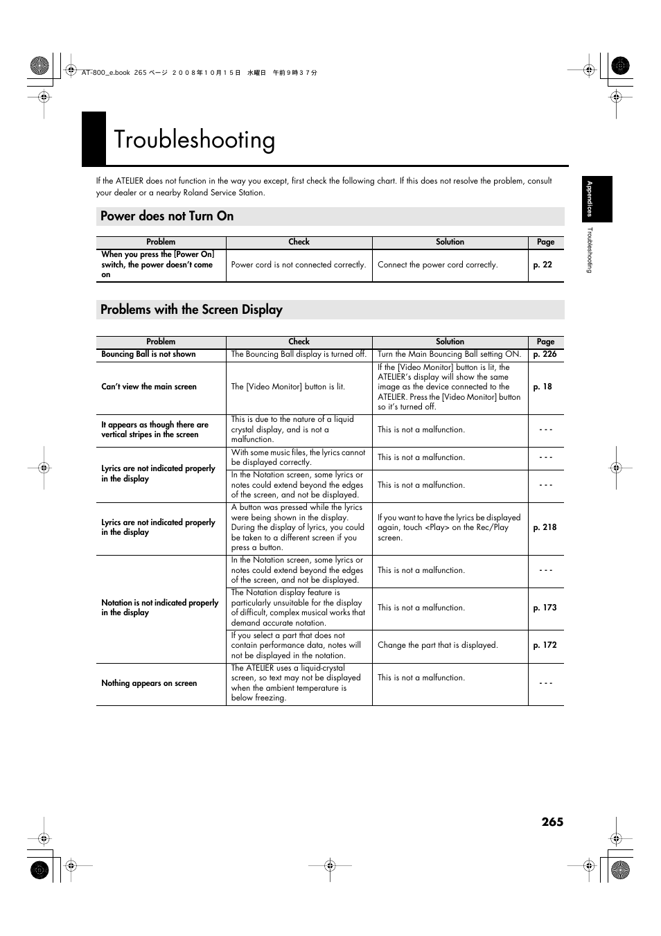 Troubleshooting, Power does not turn on, Problems with the screen display | Roland AT800 User Manual | Page 265 / 292