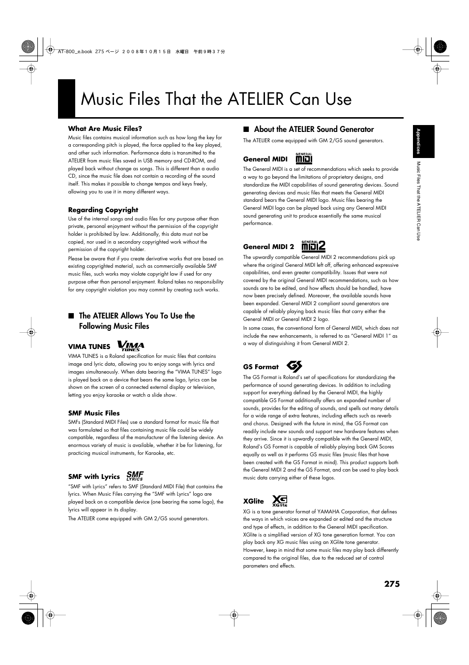 Music files that the atelier can use, About the atelier sound generator | Roland AT800 User Manual | Page 275 / 292