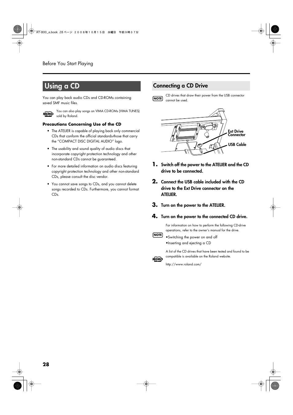 Using a cd, Connecting a cd drive | Roland AT800 User Manual | Page 28 / 292