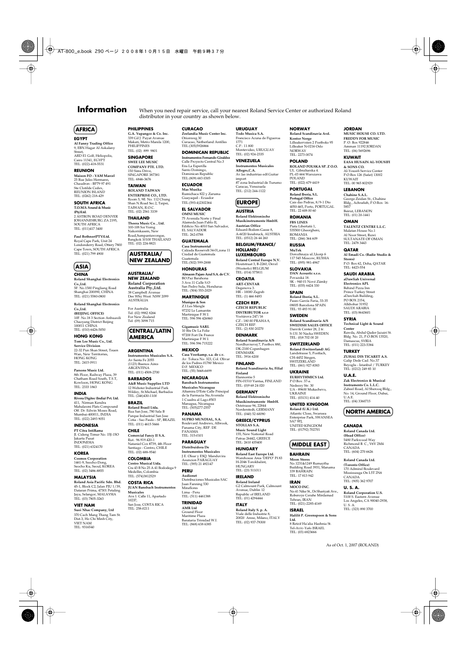 Information | Roland AT800 User Manual | Page 290 / 292