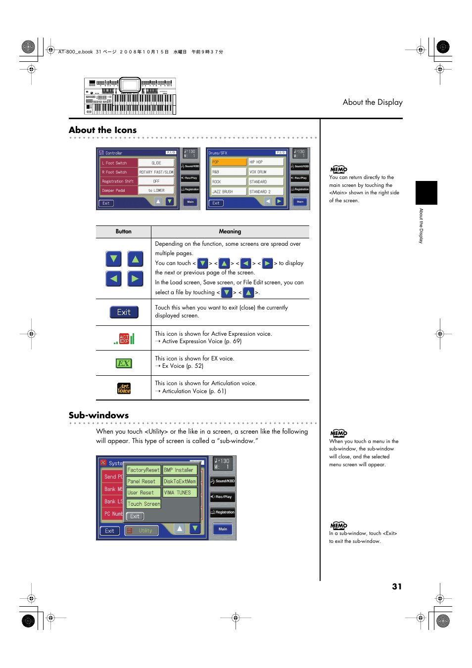 About the icons, Sub-windows, 31 about the display | Roland AT800 User Manual | Page 31 / 292