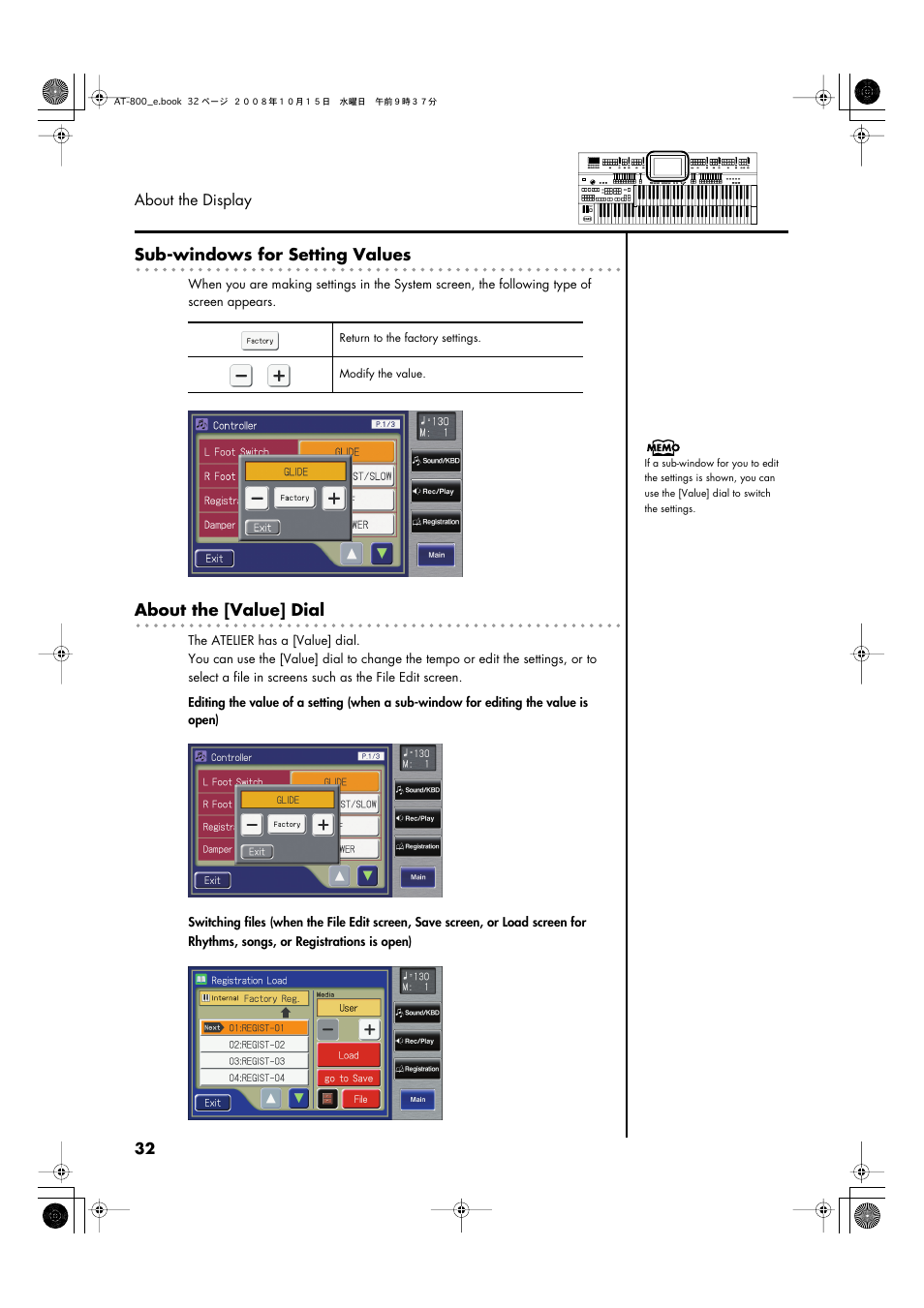 P. 32, Sub-windows for setting values, About the [value] dial | Roland AT800 User Manual | Page 32 / 292