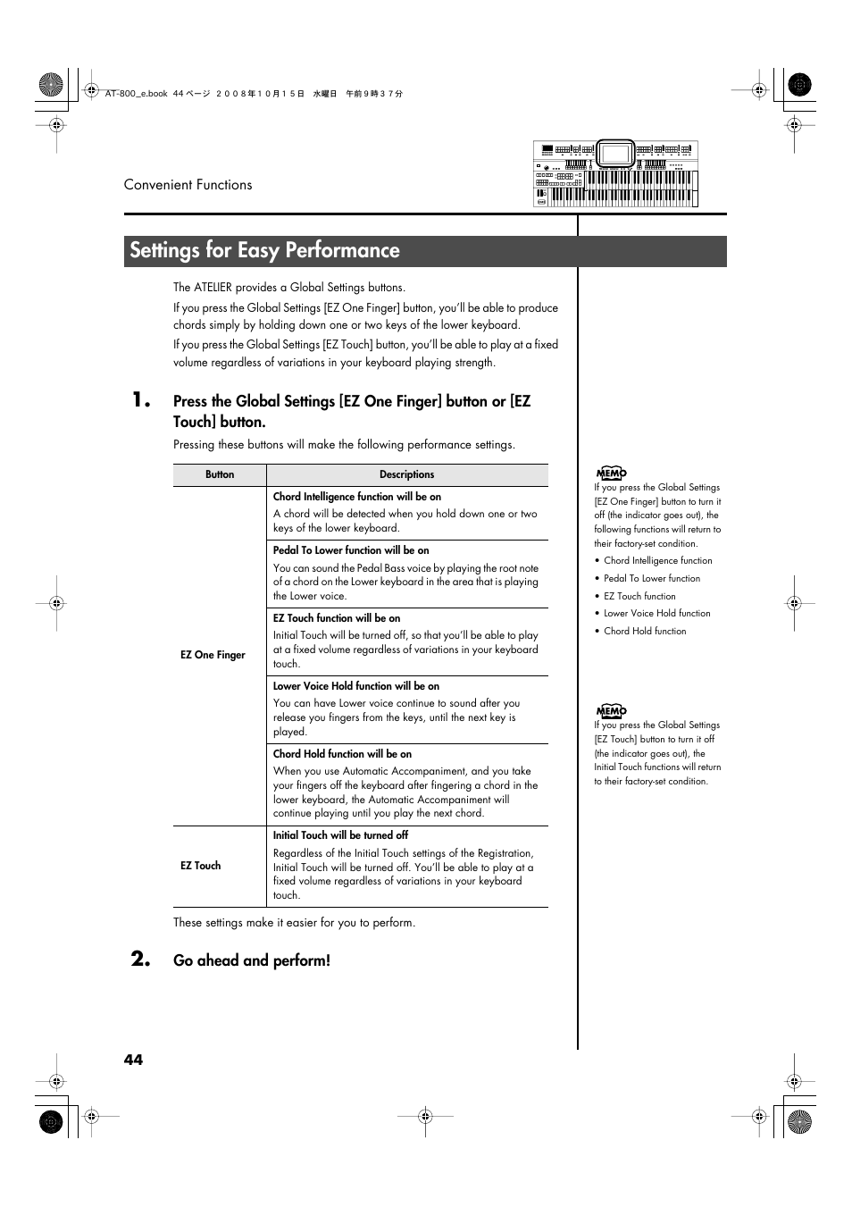 Settings for easy performance, P. 44, Go ahead and perform | Roland AT800 User Manual | Page 44 / 292