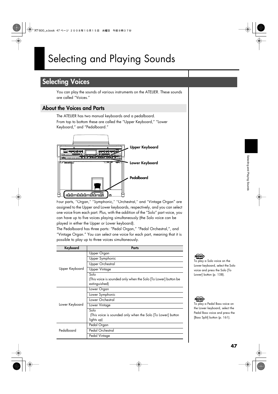 Selecting and playing sounds, Selecting voices, About the voices and parts | Roland AT800 User Manual | Page 47 / 292