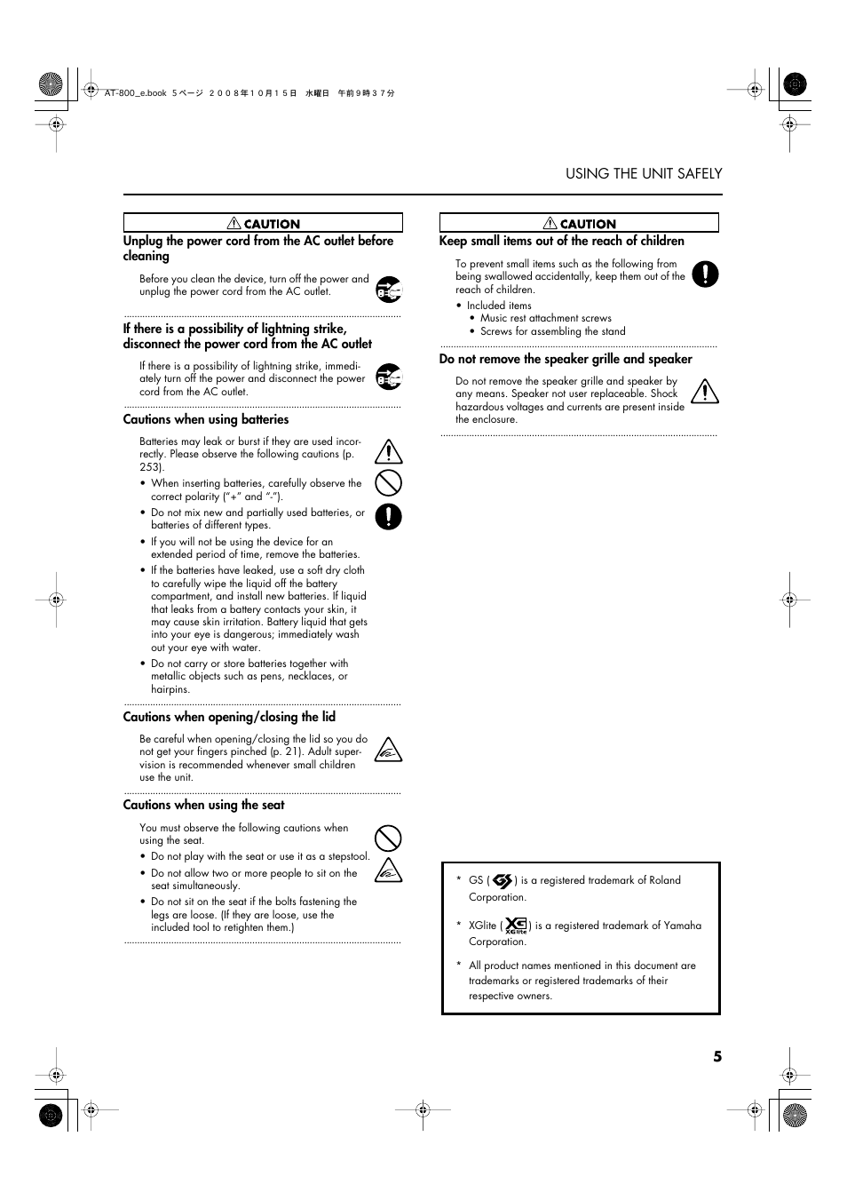 5 using the unit safely | Roland AT800 User Manual | Page 5 / 292