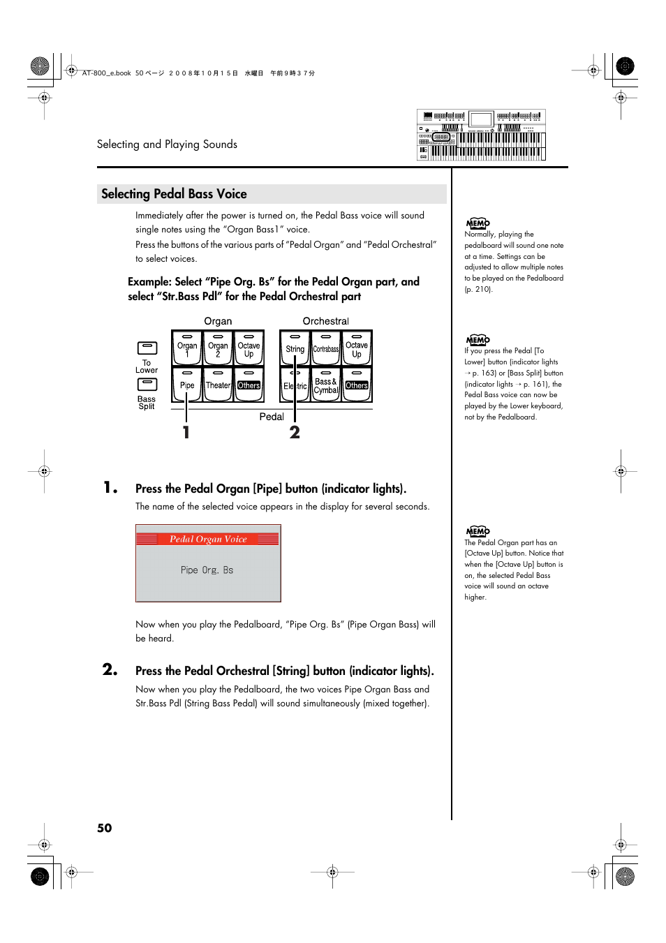 Selecting pedal bass voice, P. 50 | Roland AT800 User Manual | Page 50 / 292