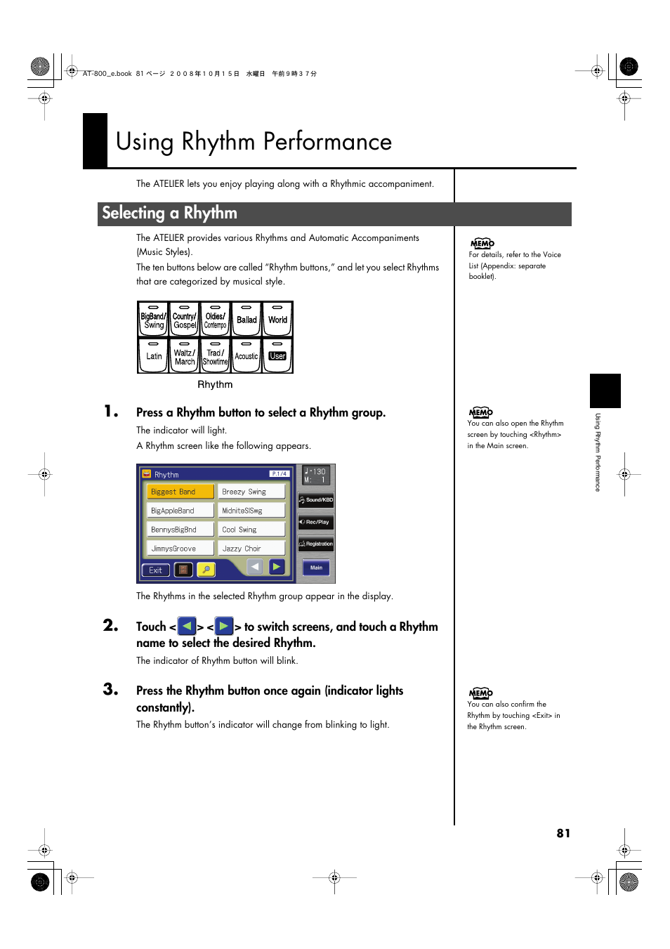 Using rhythm performance, Selecting a rhythm, P. 81 | Roland AT800 User Manual | Page 81 / 292