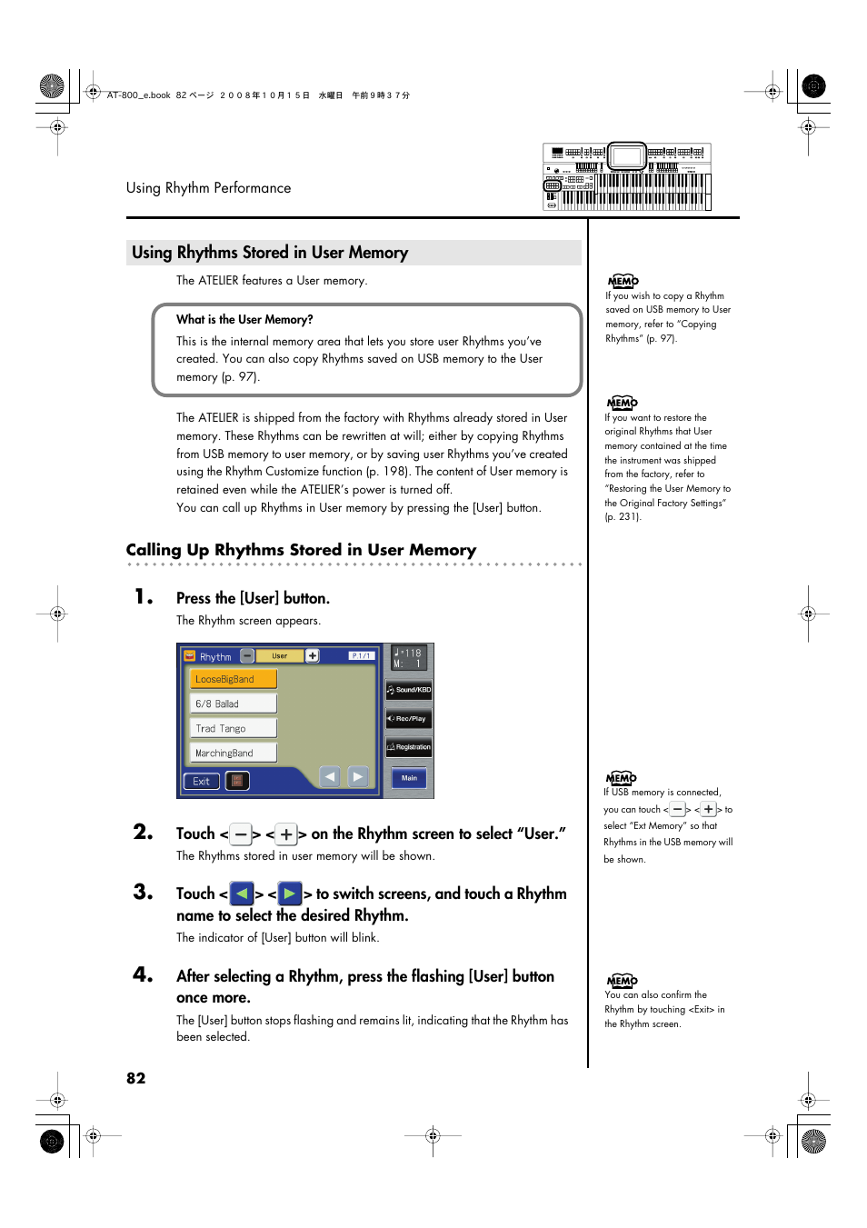 Using rhythms stored in user memory | Roland AT800 User Manual | Page 82 / 292