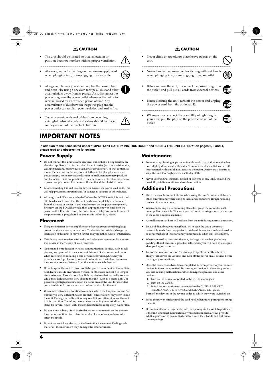 Important notes, Power supply, Placement | Maintenance, Additional precautions | Roland CUBE-100 User Manual | Page 4 / 12