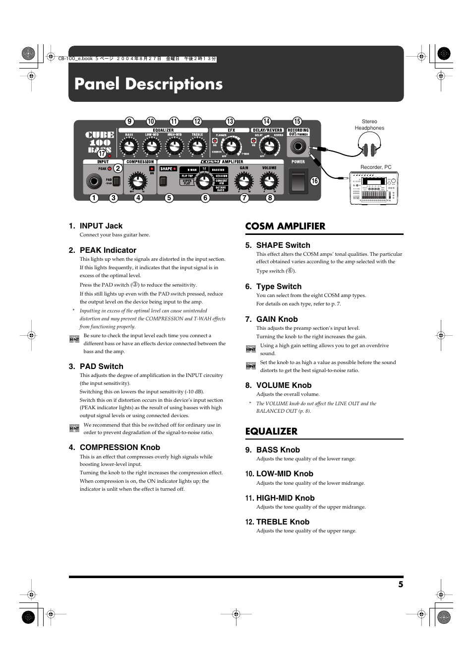Panel descriptions, Cosm amplifier, Equalizer | Roland CUBE-100 User Manual | Page 5 / 12