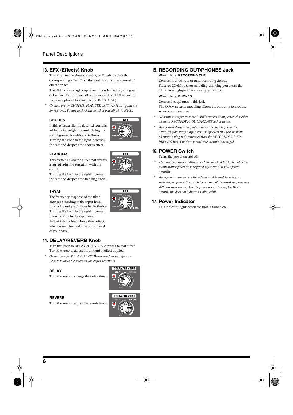 6 panel descriptions, 13 . efx (effects) knob, 14 . delay/reverb knob | 15 . recording out/phones jack, 16 . power switch, 17 . power indicator | Roland CUBE-100 User Manual | Page 6 / 12