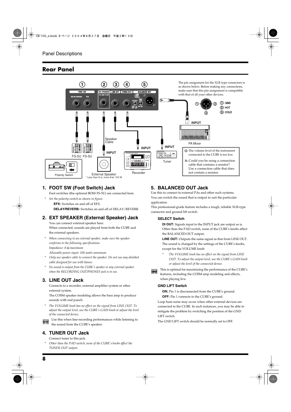 Rear panel, 8 panel descriptions, Foot sw (foot switch) jack | Ext speaker (external speaker) jack, Line out jack, Tuner out jack, Balanced out jack | Roland CUBE-100 User Manual | Page 8 / 12