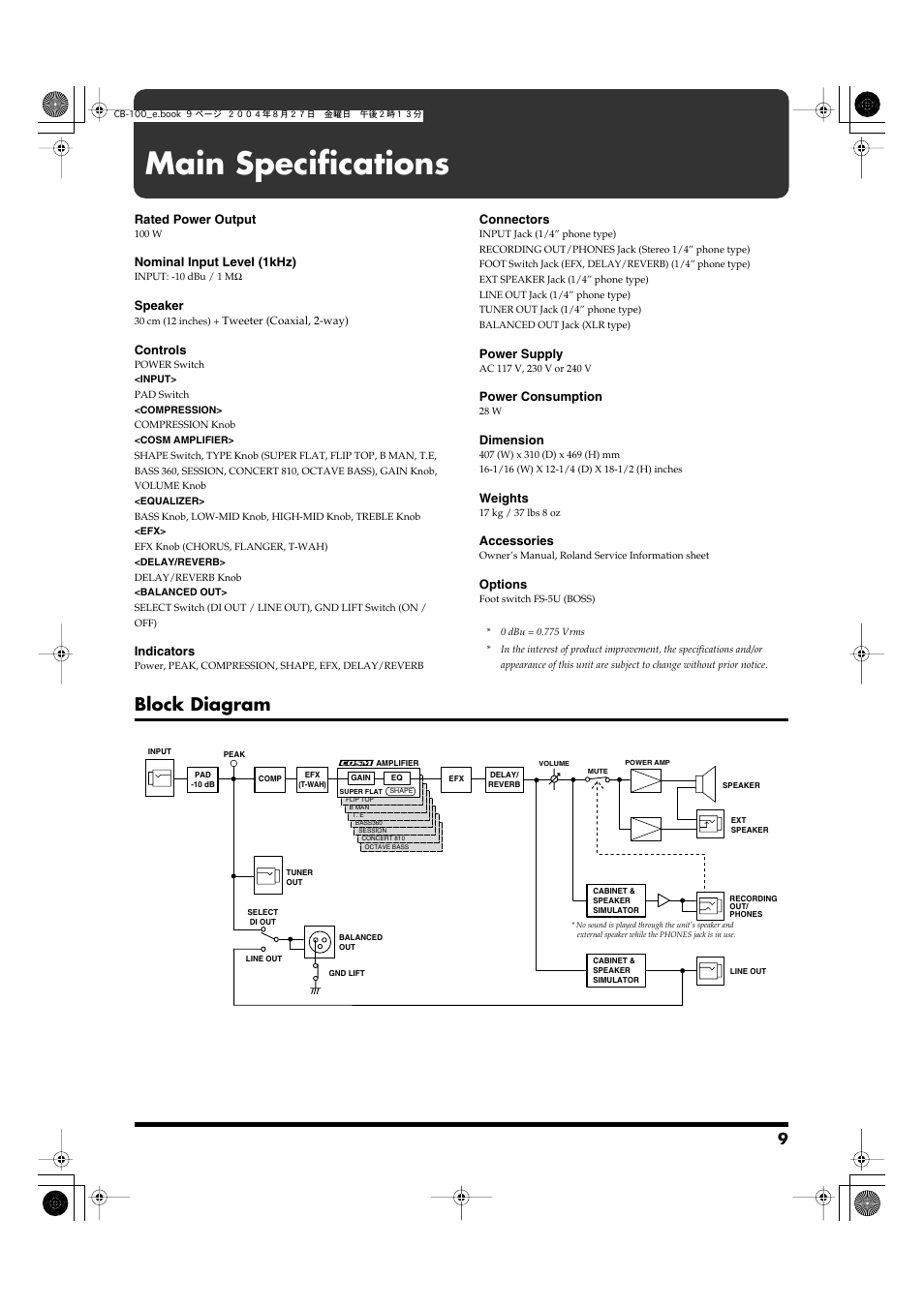 Main specifications, Block diagram | Roland CUBE-100 User Manual | Page 9 / 12