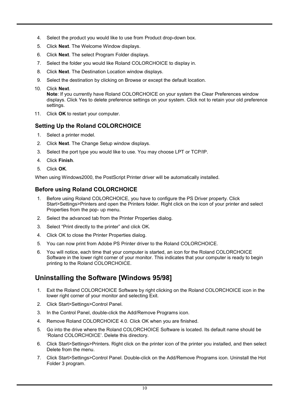 Setting up the roland colorchoice, Before using roland colorchoice, Uninstalling the software [windows 95/98 | Roland COLORCHOICE User Manual | Page 10 / 45