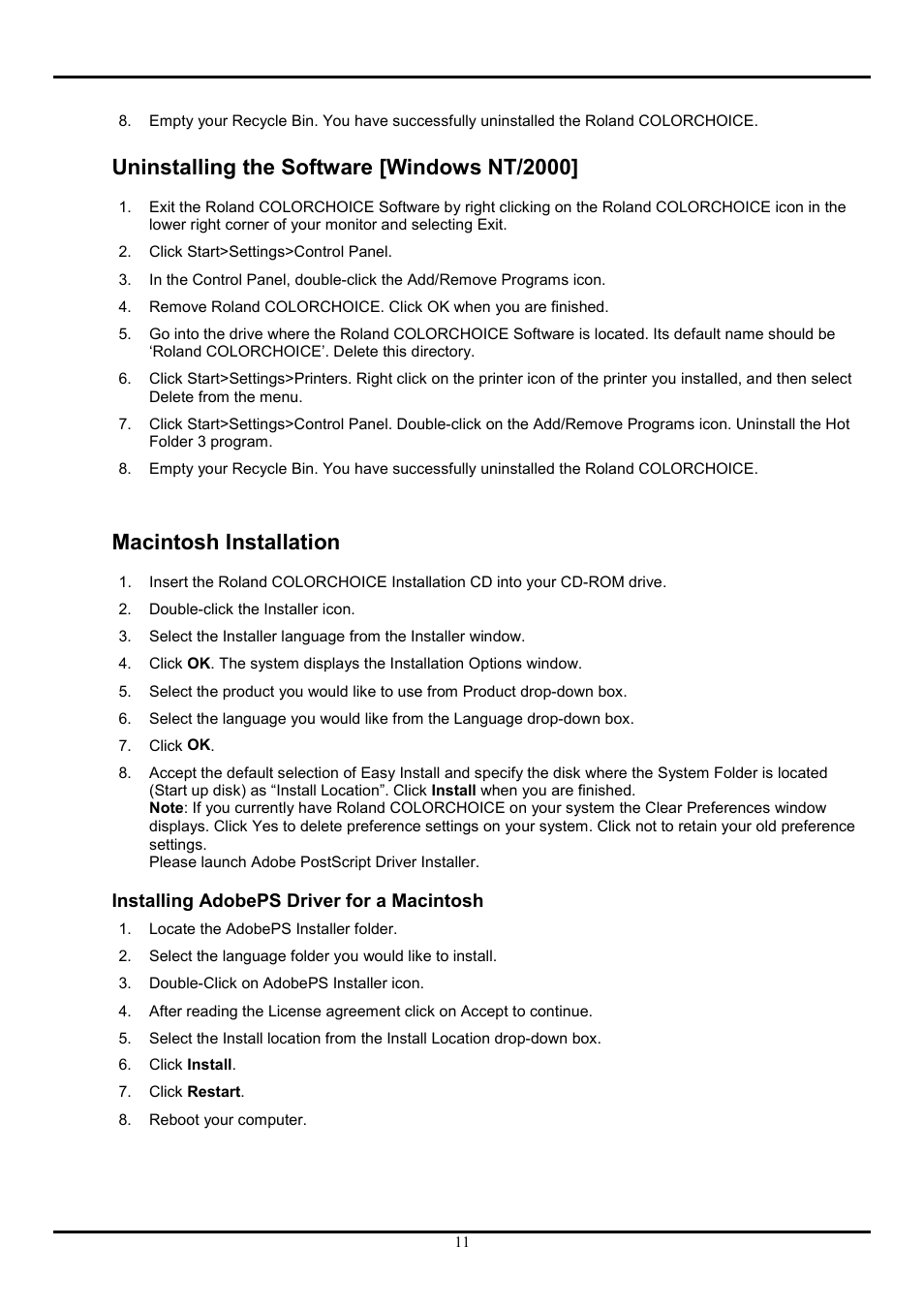 Uninstalling the software [windows nt/2000, Macintosh installation, Installing adobeps driver for a macintosh | Roland COLORCHOICE User Manual | Page 11 / 45