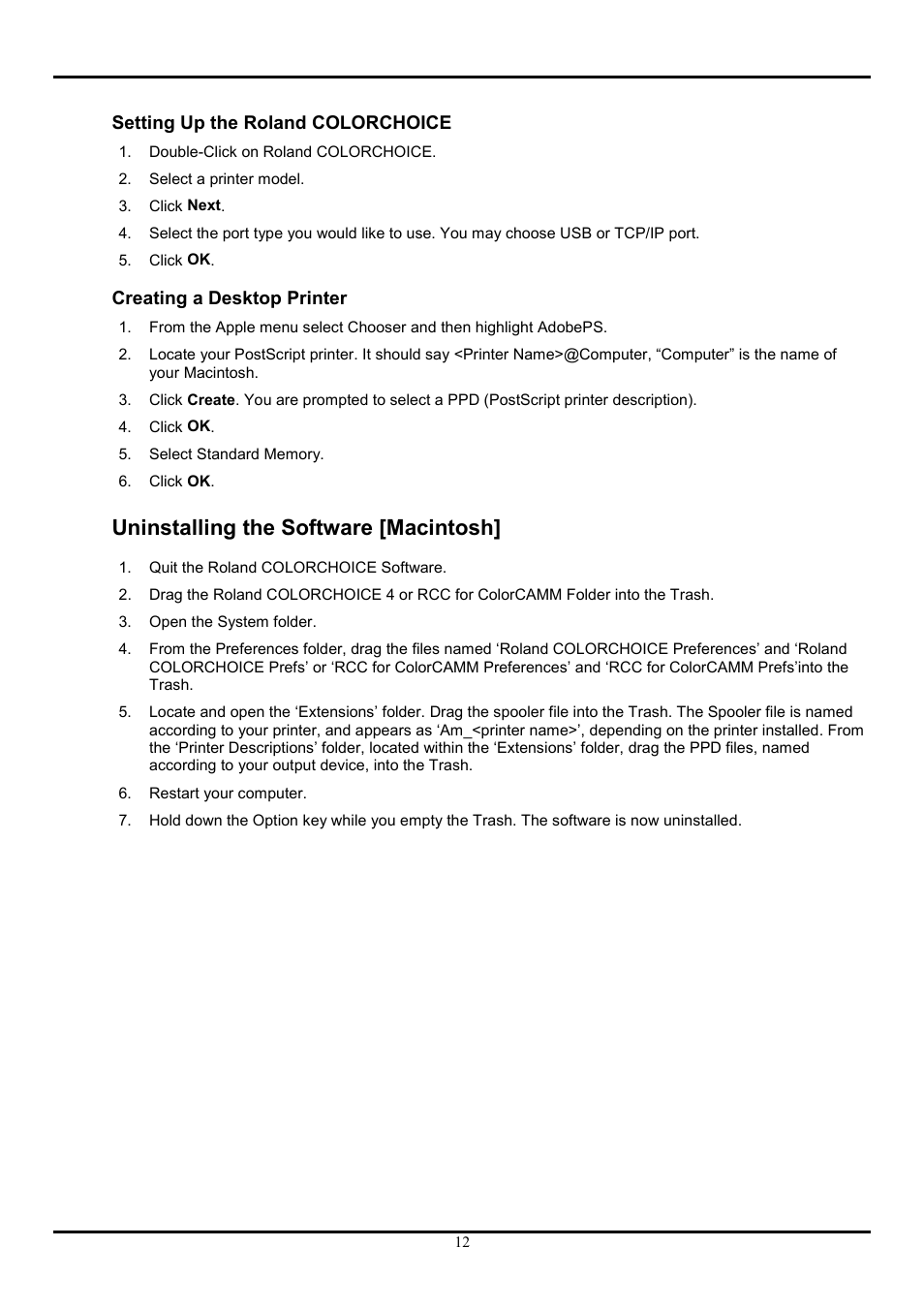 Setting up the roland colorchoice, Creating a desktop printer, Uninstalling the software [macintosh | Roland COLORCHOICE User Manual | Page 12 / 45