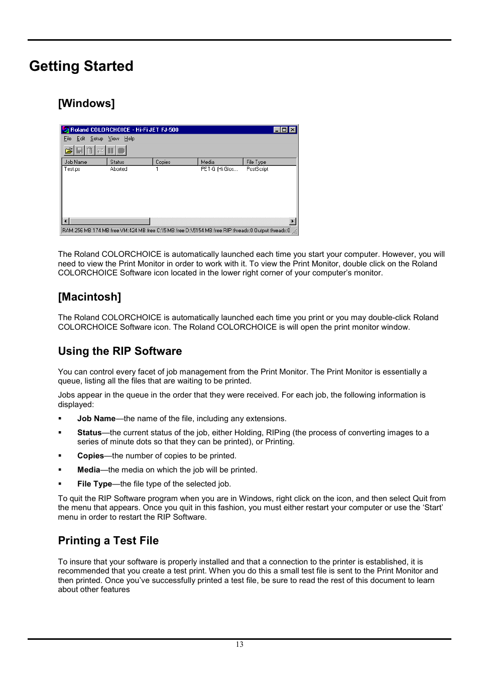 Getting started, Windows, Macintosh | Using the rip software, Printing a test file | Roland COLORCHOICE User Manual | Page 13 / 45