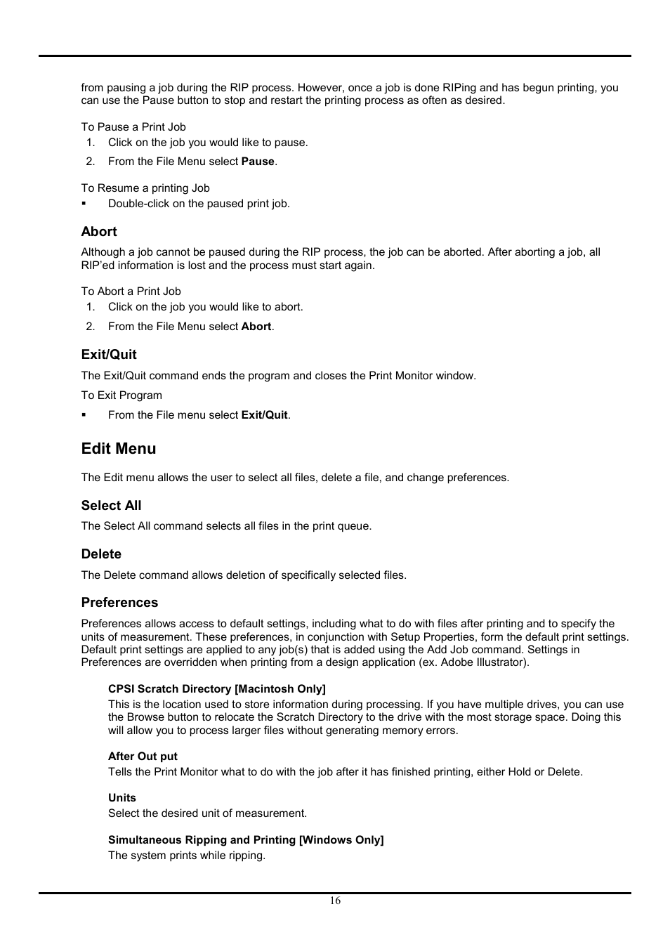 Abort, Exit/quit, Edit menu | Select all, Delete, Preferences, Abort exit/quit, Select all delete preferences | Roland COLORCHOICE User Manual | Page 16 / 45