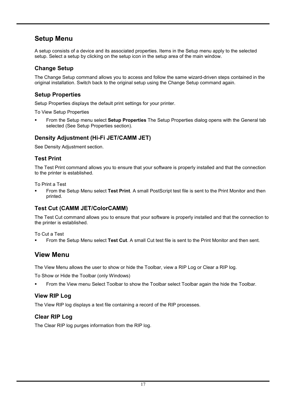 Setup menu, Change setup, Setup properties | Density adjustment (hi-fi jet/camm jet), Test print, Test cut (camm jet/colorcamm), View menu, View rip log, Clear rip log, View rip log clear rip log | Roland COLORCHOICE User Manual | Page 17 / 45