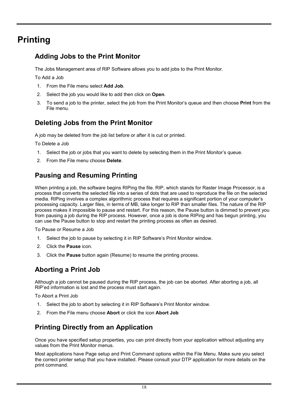 Printing, Adding jobs to the print monitor, Deleting jobs from the print monitor | Pausing and resuming printing, Aborting a print job, Printing directly from an application | Roland COLORCHOICE User Manual | Page 18 / 45