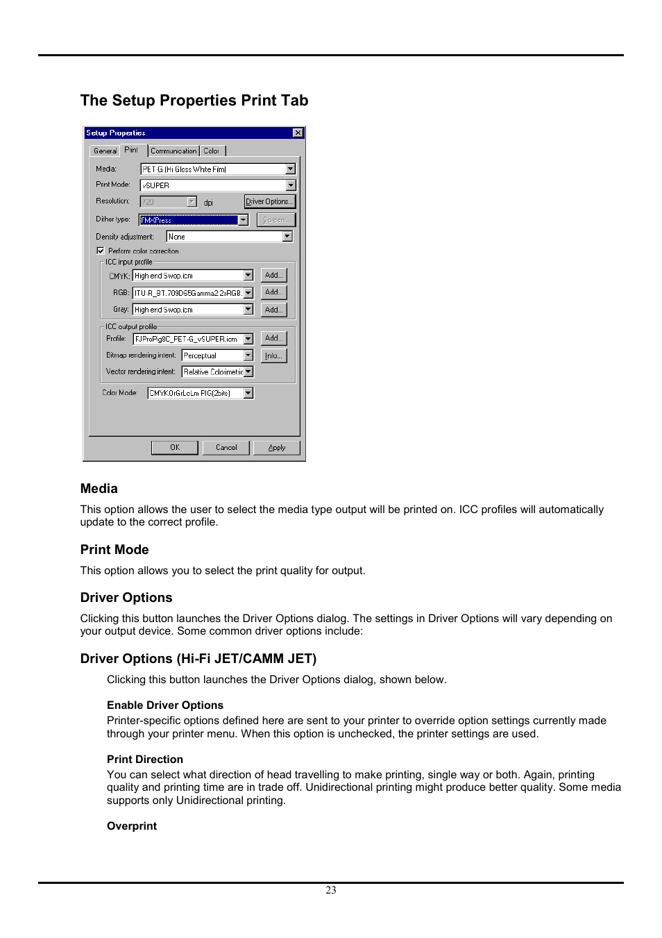The setup properties print tab, Media, Print mode | Driver options, Driver options (hi-fi jet/camm jet) | Roland COLORCHOICE User Manual | Page 23 / 45