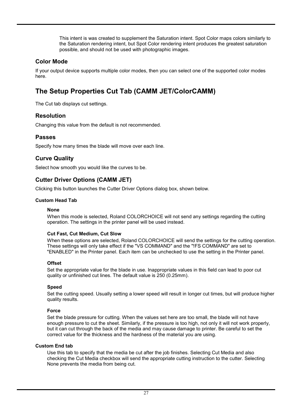 Color mode, The setup properties cut tab (camm jet/colorcamm), Resolution | Passes, Curve quality, Cutter driver options (camm jet) | Roland COLORCHOICE User Manual | Page 27 / 45