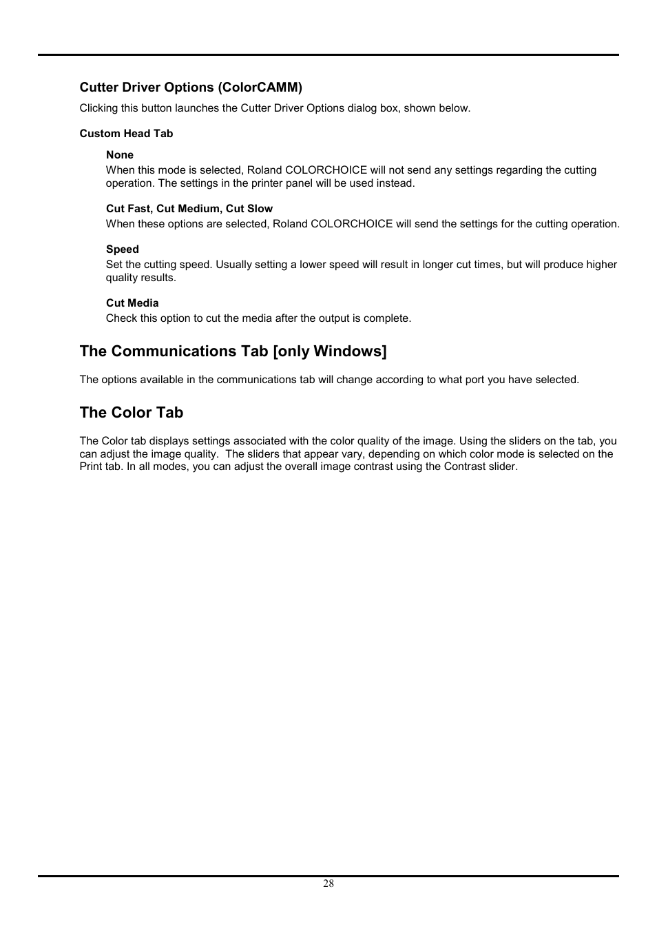 Cutter driver options (colorcamm), The communications tab [only windows, The color tab | Roland COLORCHOICE User Manual | Page 28 / 45