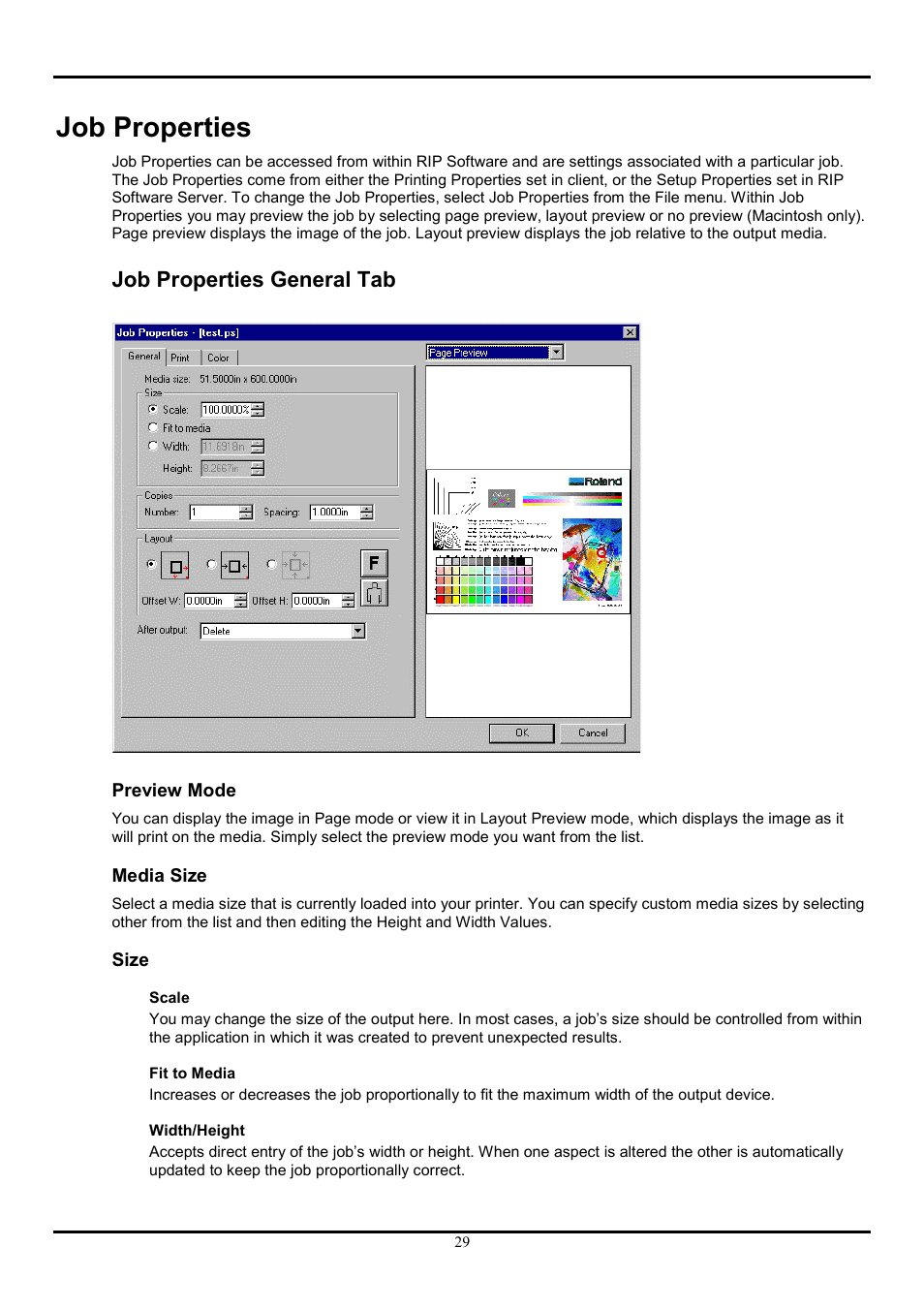 Job properties, Job properties general tab, Preview mode | Media size, Size, Preview mode media size size | Roland COLORCHOICE User Manual | Page 29 / 45