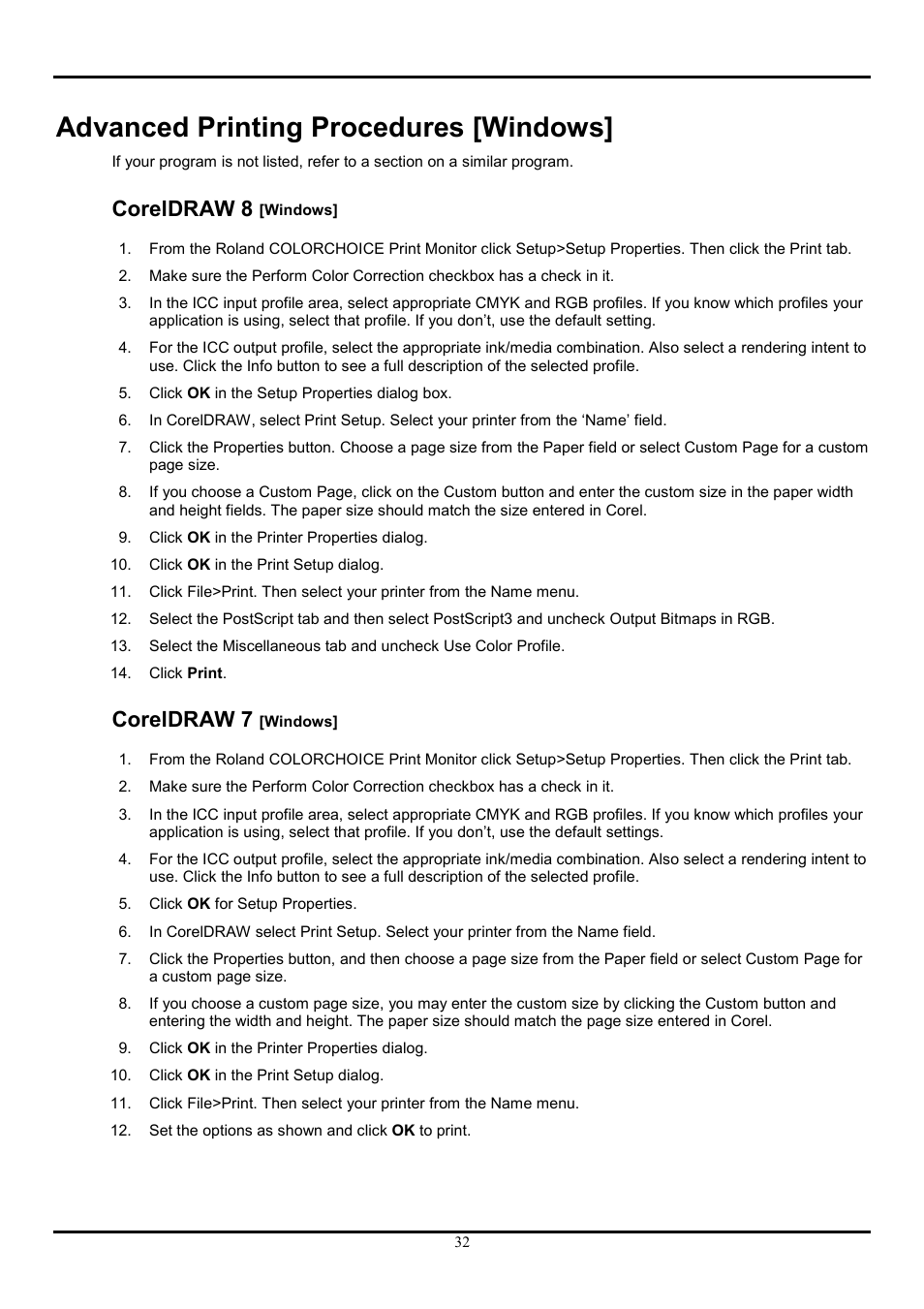 Advanced printing procedures [windows, Coreldraw 8 [windows, Coreldraw 7 [windows | Coreldraw 8 [windows] coreldraw 7 [windows, Coreldraw 8, Coreldraw 7 | Roland COLORCHOICE User Manual | Page 32 / 45