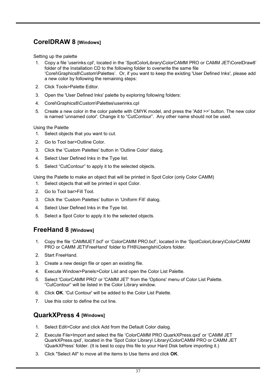 Coreldraw 8 [windows, Freehand 8 [windows, Quarkxpress 4 [windows | Coreldraw 8, Freehand 8, Quarkxpress 4 | Roland COLORCHOICE User Manual | Page 37 / 45