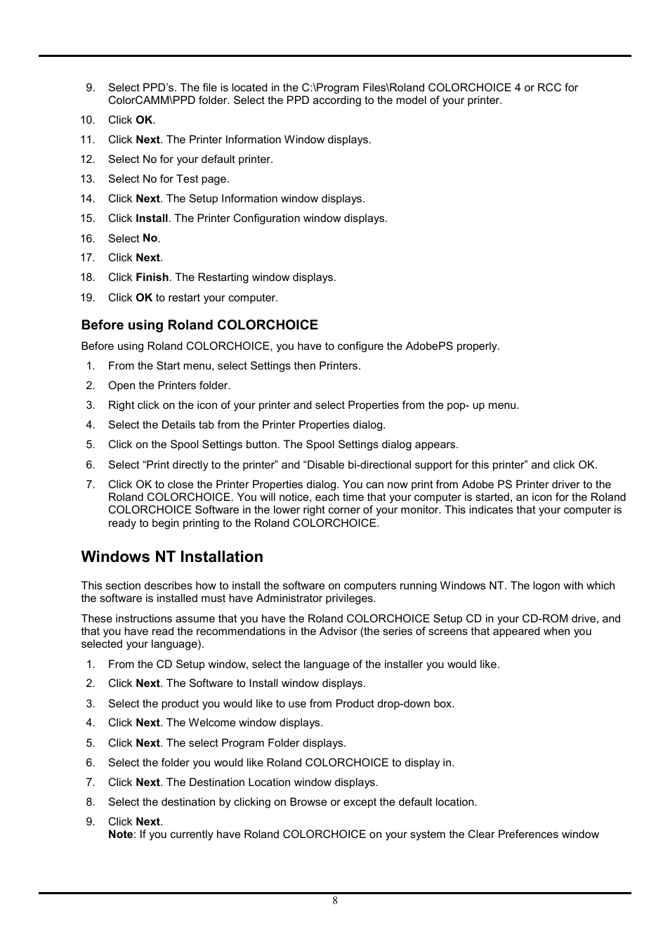 Before using roland colorchoice, Windows nt installation | Roland COLORCHOICE User Manual | Page 8 / 45
