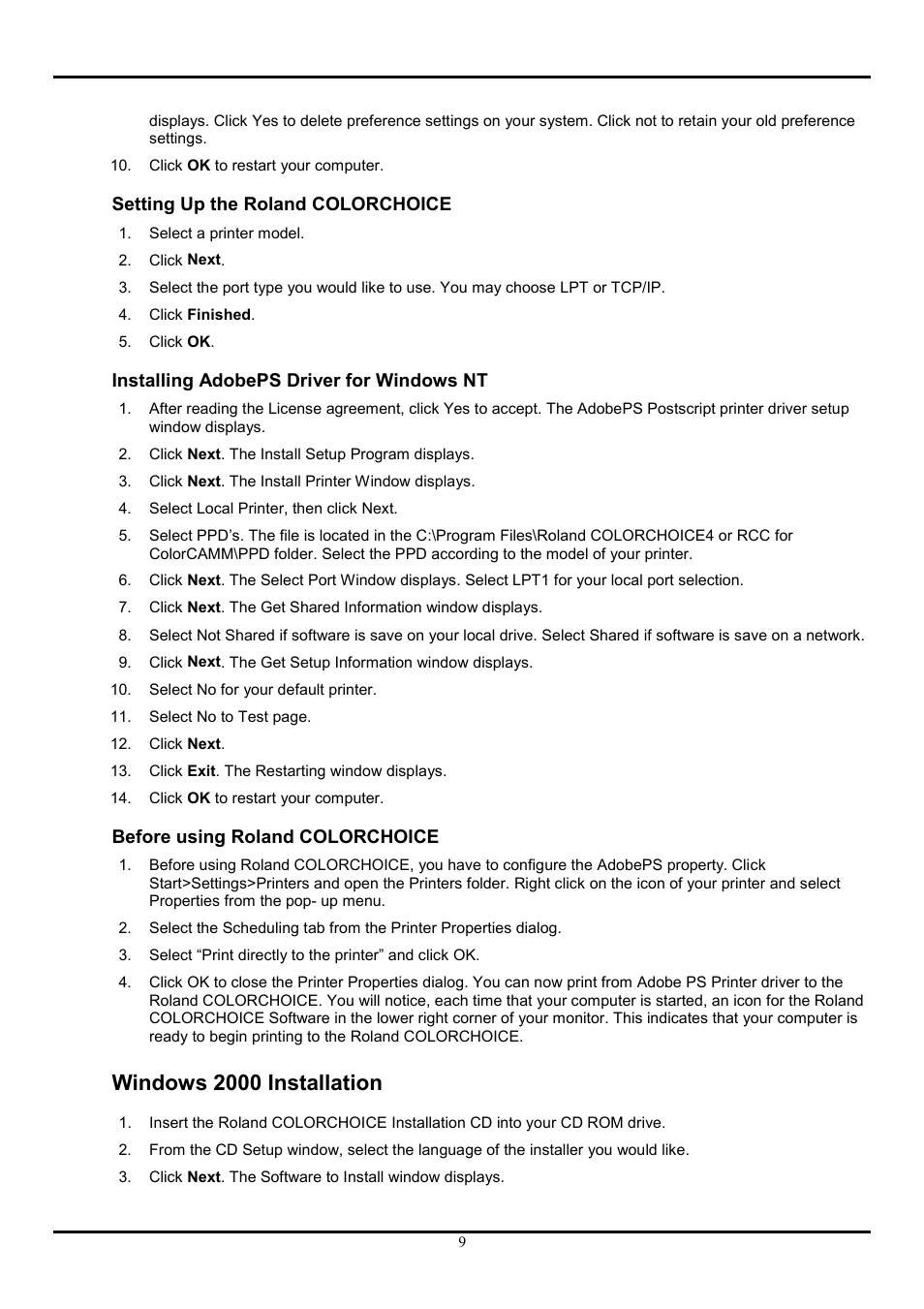 Setting up the roland colorchoice, Installing adobeps driver for windows nt, Before using roland colorchoice | Windows 2000 installation | Roland COLORCHOICE User Manual | Page 9 / 45