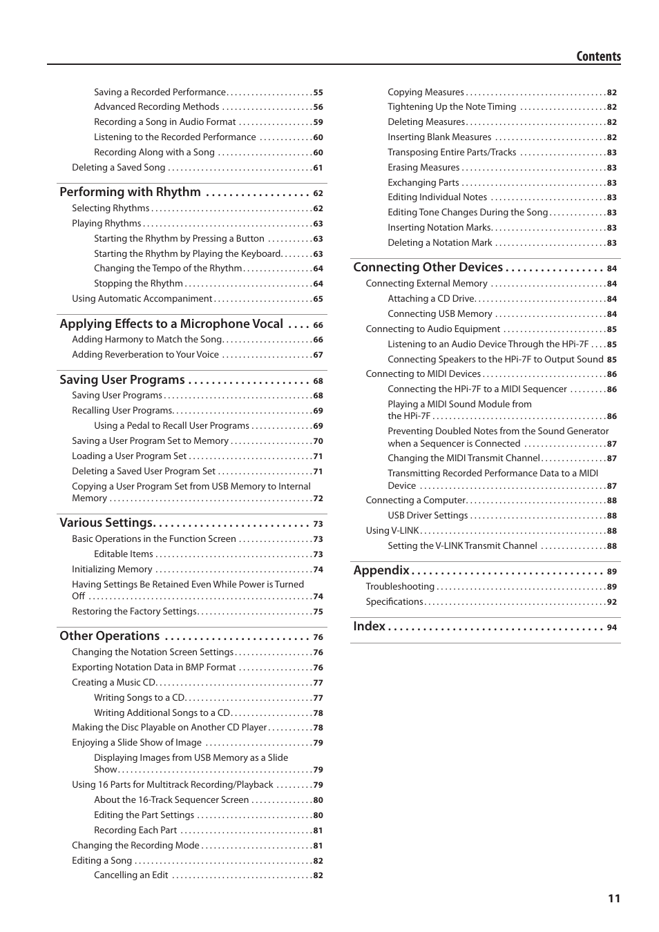 Roland Digital Piano HP User Manual | Page 11 / 100