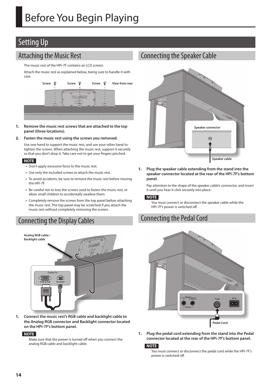 Before you begin playing, Setting up, Attaching the music rest | Connecting the display cables, Connecting the speaker cable, Connecting the pedal cord, P. 14), Or (p. 14) | Roland Digital Piano HP User Manual | Page 14 / 100