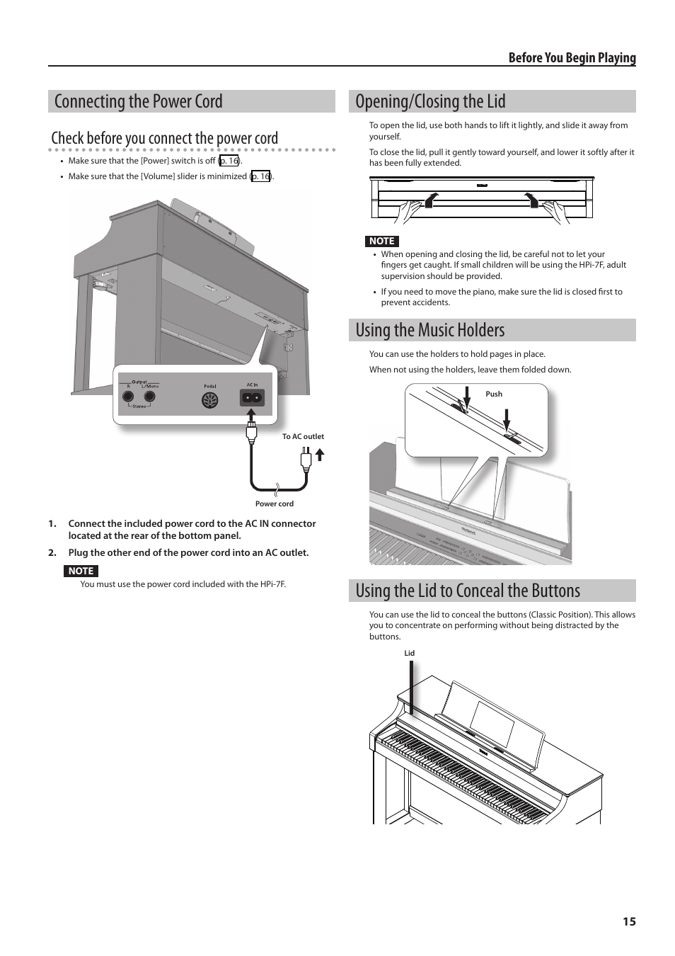 Connecting the power cord, Opening/closing the lid, Using the music holders | Using the lid to conceal the buttons, E (p. 15), Check before you connect the power cord, Before you begin playing | Roland Digital Piano HP User Manual | Page 15 / 100