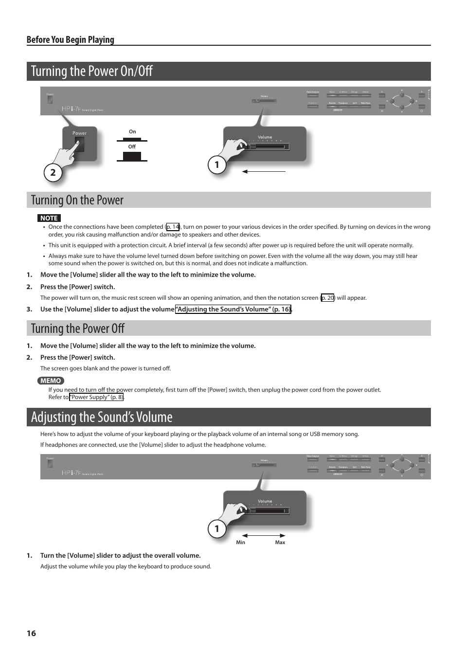 Turning the power on/off, Turning on the power, Turning the power off | Adjusting the sound’s volume, I-7f (p. 16), Er on/off (p. 16), Before you begin playing | Roland Digital Piano HP User Manual | Page 16 / 100