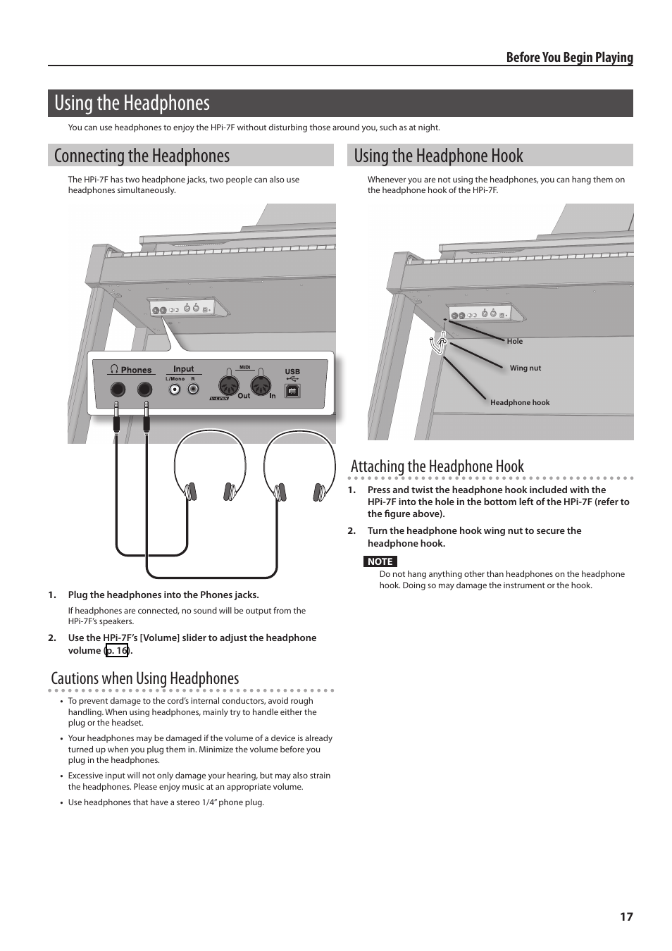 Using the headphones, Connecting the headphones, Using the headphone hook | T headphones (p. 17), Cautions when using headphones, Attaching the headphone hook, Before you begin playing | Roland Digital Piano HP User Manual | Page 17 / 100