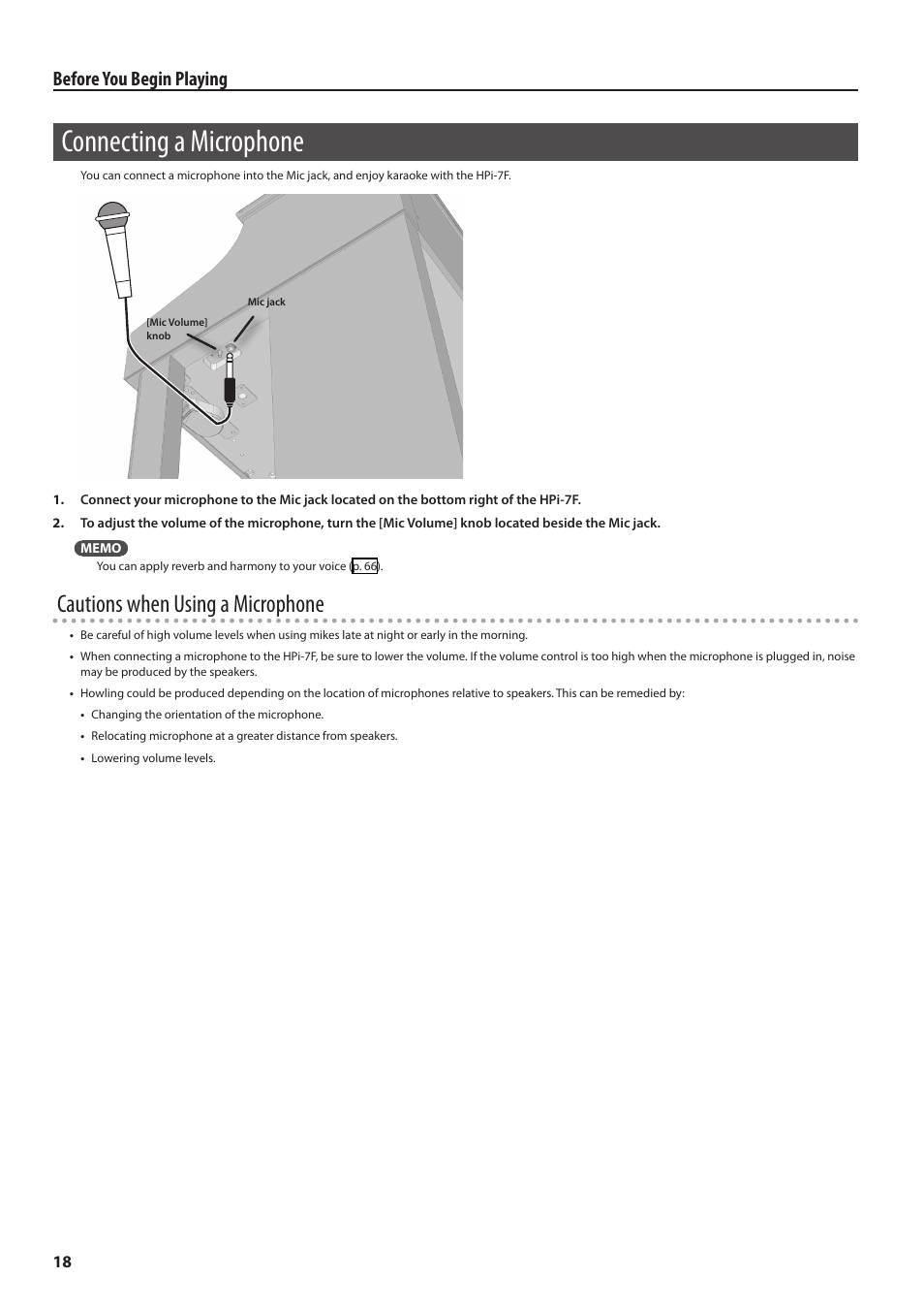 Connecting a microphone, P. 18, E (p. 14) | Or (p. 14), Ophone (p. 18), S speakers (p. 18), Cautions when using a microphone, Before you begin playing | Roland Digital Piano HP User Manual | Page 18 / 100
