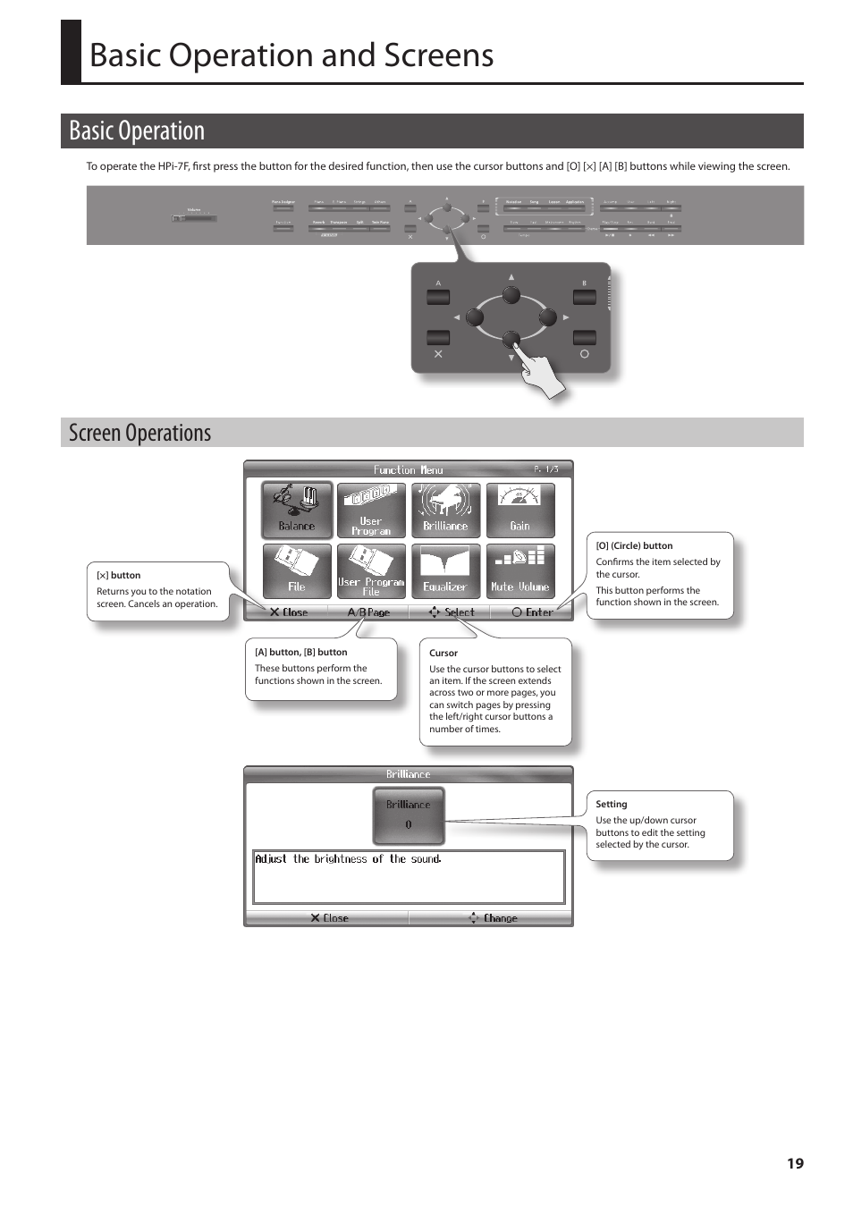 Basic operation and screens, Basic operation, Screen operations | Een (p. 19). i, Ons (p. 19). p | Roland Digital Piano HP User Manual | Page 19 / 100