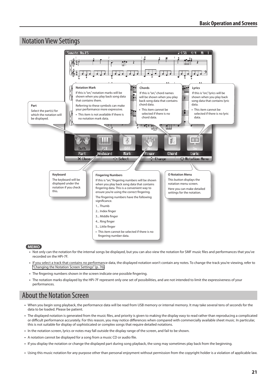 Notation view settings, About the notation screen, Basic operation and screens | Roland Digital Piano HP User Manual | Page 21 / 100