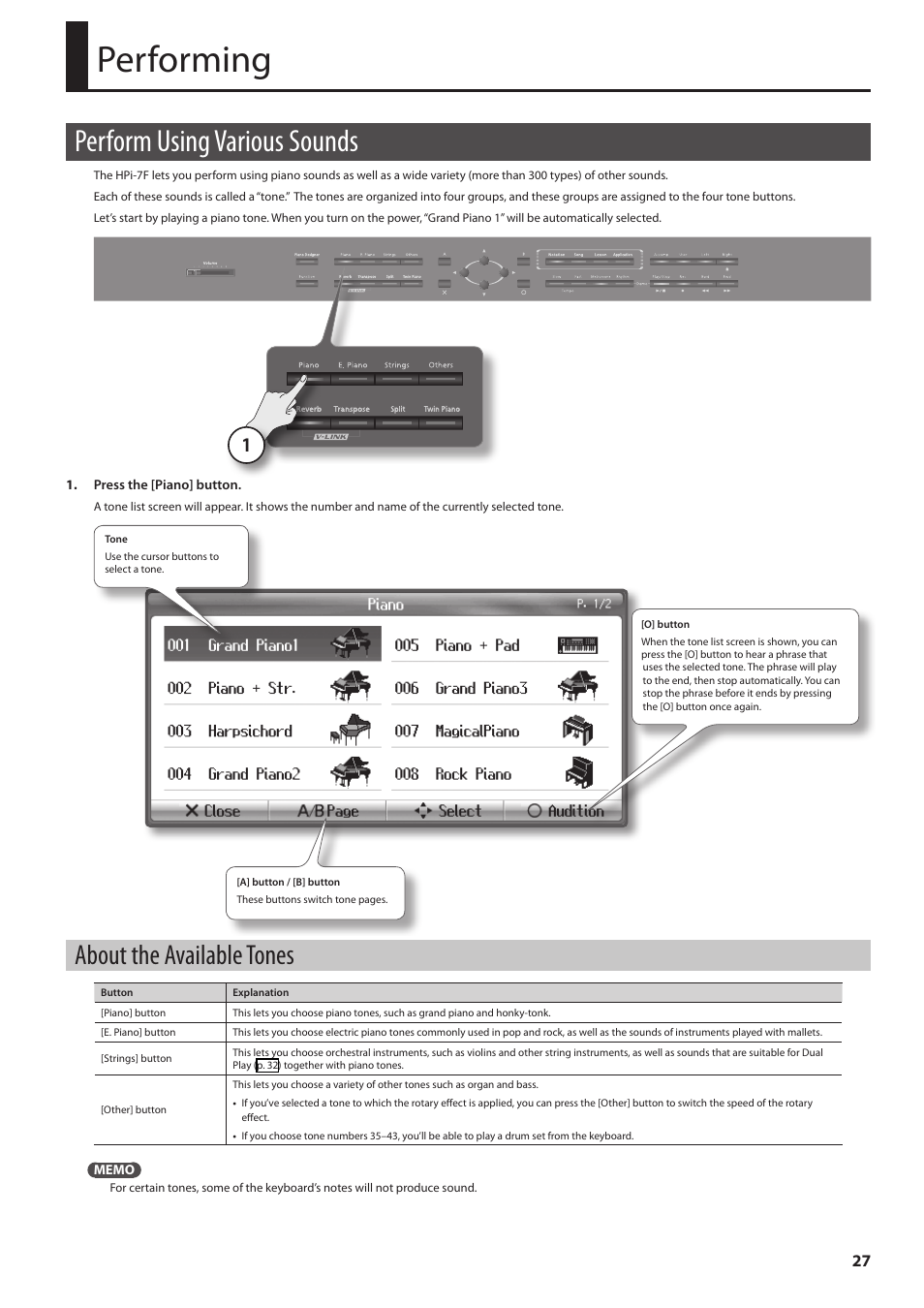 Performing, Perform using various sounds, About the available tones | P. 27, P. 27) | Roland Digital Piano HP User Manual | Page 27 / 100