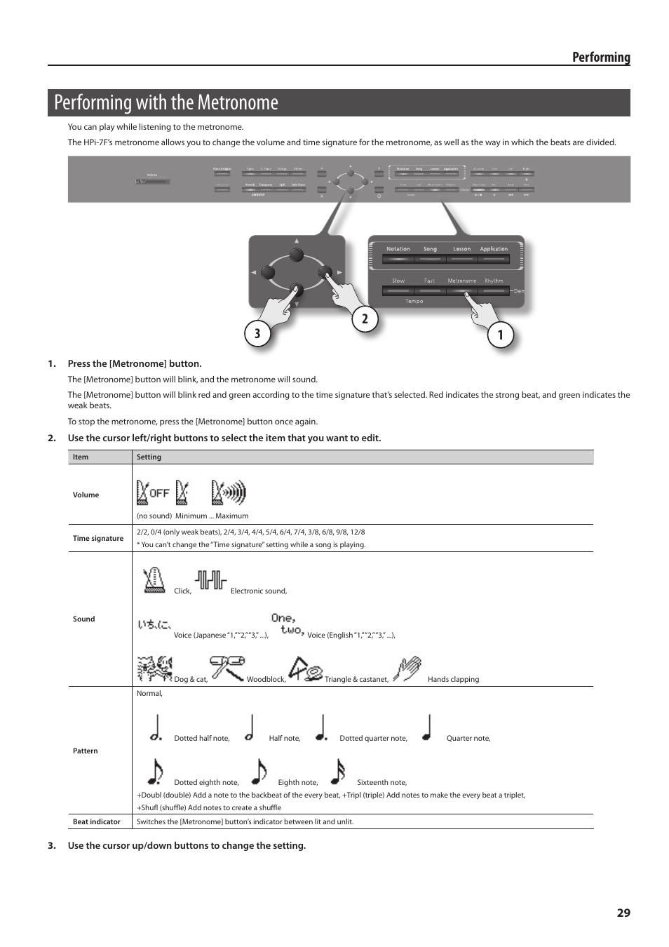 Performing with the metronome, Onome on/off (p. 29), Performing | Roland Digital Piano HP User Manual | Page 29 / 100