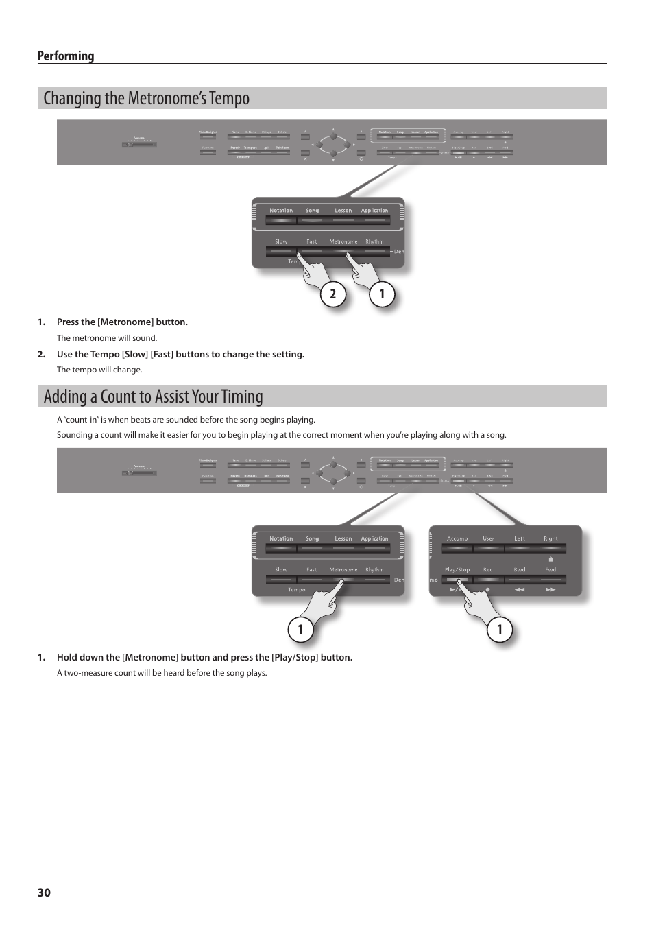 Changing the metronome’s tempo, Adding a count to assist your timing, P. 30 | Roland Digital Piano HP User Manual | Page 30 / 100