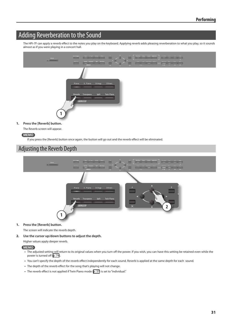 Adding reverberation to the sound, Adjusting the reverb depth, T hall (p. 31) | Performing | Roland Digital Piano HP User Manual | Page 31 / 100