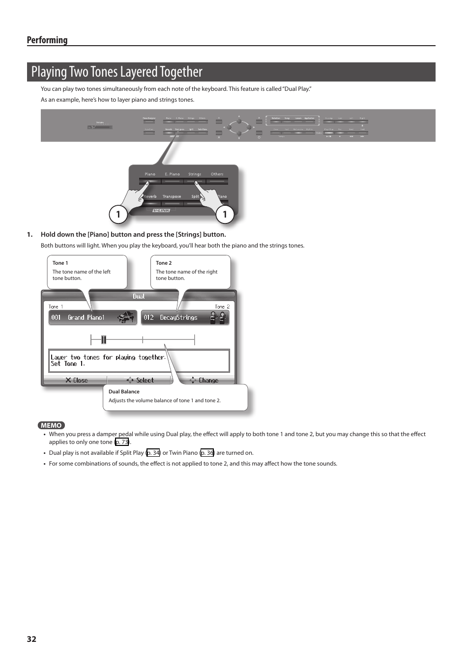 Playing two tones layered together, P. 32, Performing | Roland Digital Piano HP User Manual | Page 32 / 100