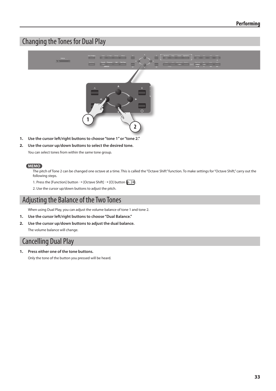 Changing the tones for dual play, Adjusting the balance of the two tones, Cancelling dual play | Roland Digital Piano HP User Manual | Page 33 / 100