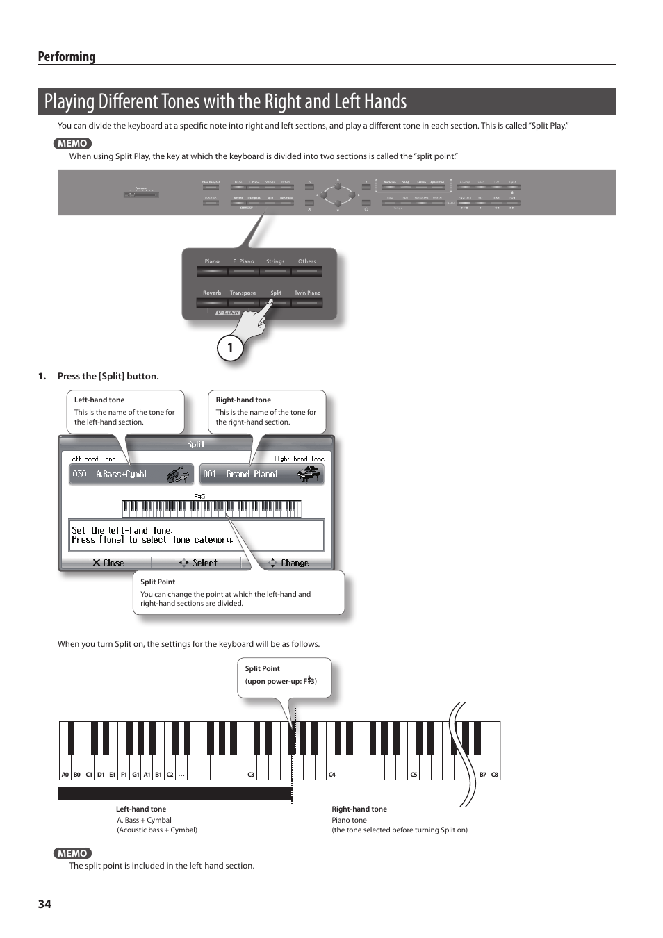 D (p. 34), Performing | Roland Digital Piano HP User Manual | Page 34 / 100