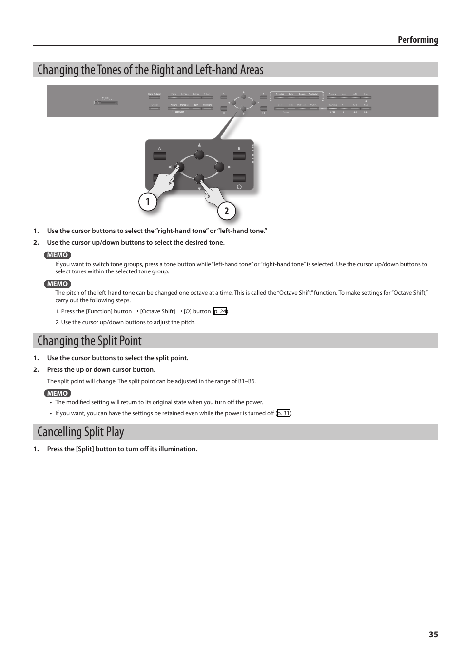 Changing the split point, Cancelling split play, Changing the tones of the right and left-hand | Areas | Roland Digital Piano HP User Manual | Page 35 / 100