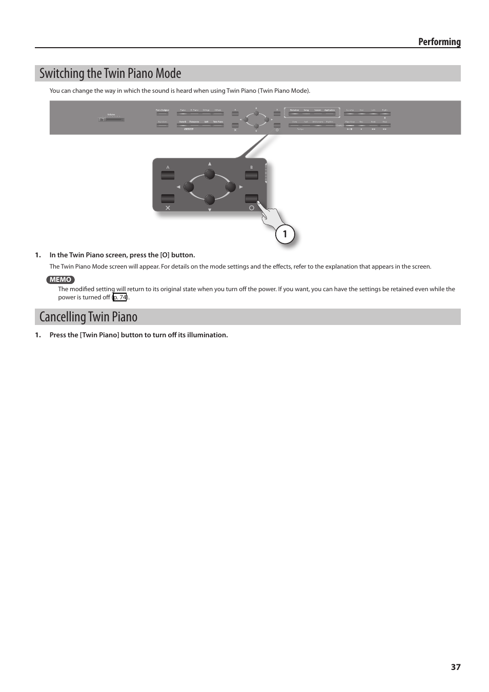 Switching the twin piano mode, Cancelling twin piano | Roland Digital Piano HP User Manual | Page 37 / 100