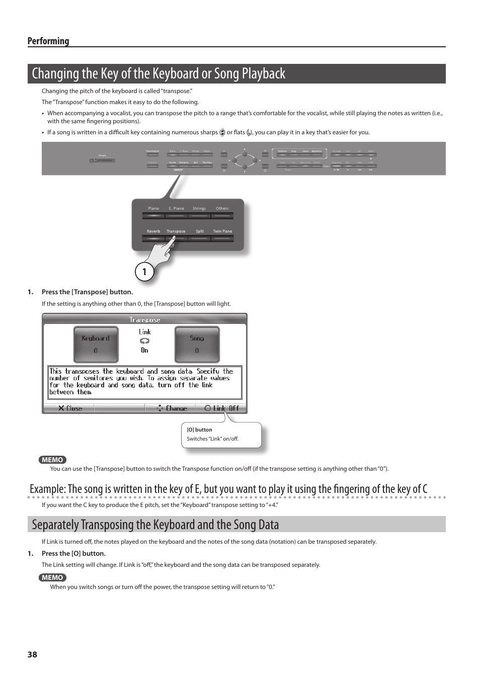 Changing the key of the keyboard or song playback, Separately transposing the keyboard and the song, Data | P. 38, Performing | Roland Digital Piano HP User Manual | Page 38 / 100